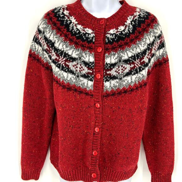 Dress Barn Fair Isle Wool Blend Red Cardigan Sweater Size Large - Picture 1 of 8